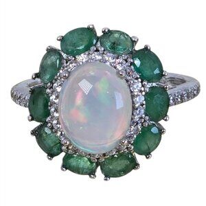 925 Sterling Silver Ring with Natural White Opal 8x10mm & Emerald Gemstones